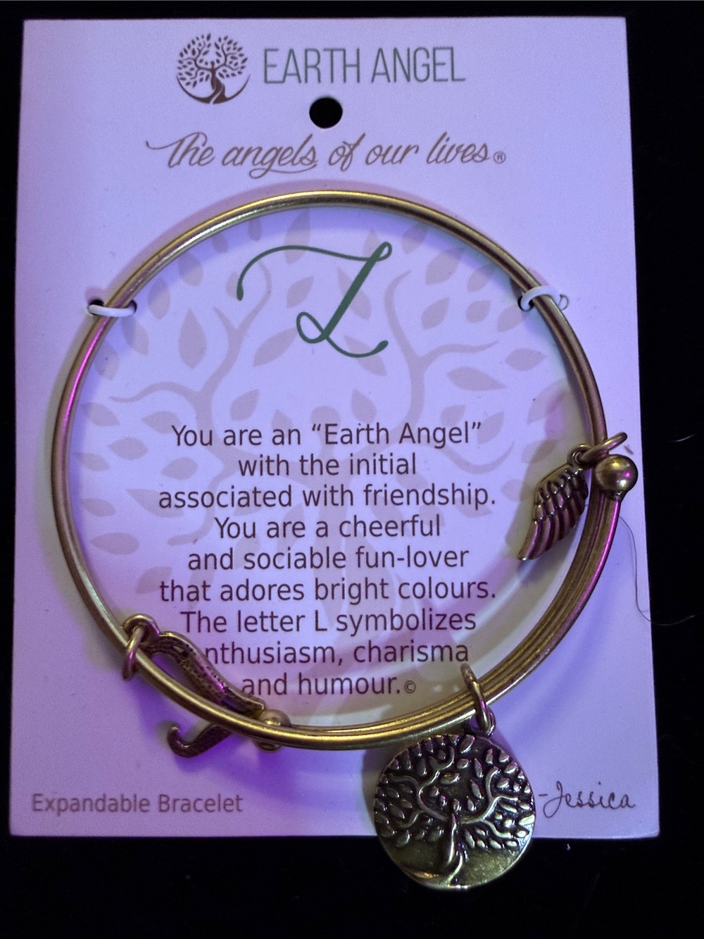 Earth Angel Gold Expandable Bracelet with Tree and Wing Charms